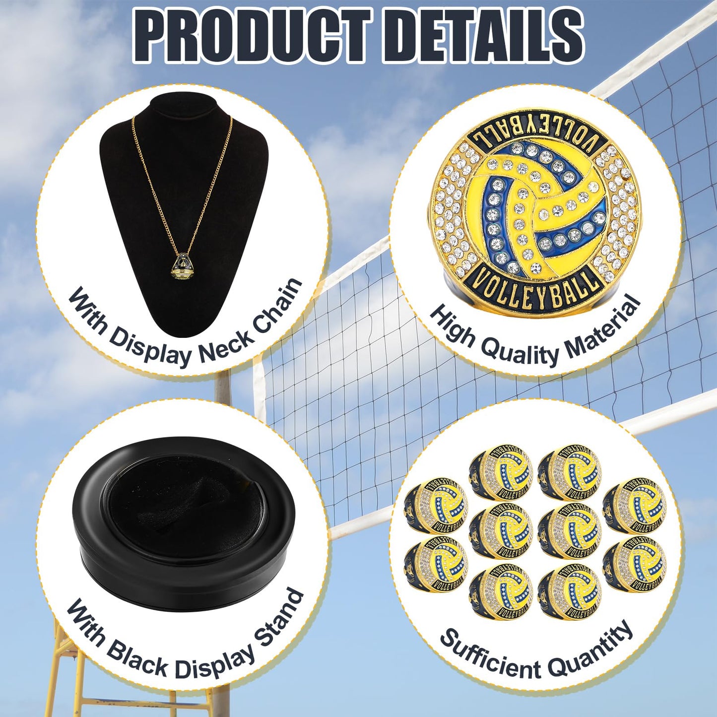 Highergo 10 Pcs Basketball Softball Baseball MVP Dancer Champion Trophy Ring with Display Stand Star Football Soccer Volleyball Golf Cheerleading Bowling Track Field(Gold,Volleyball)