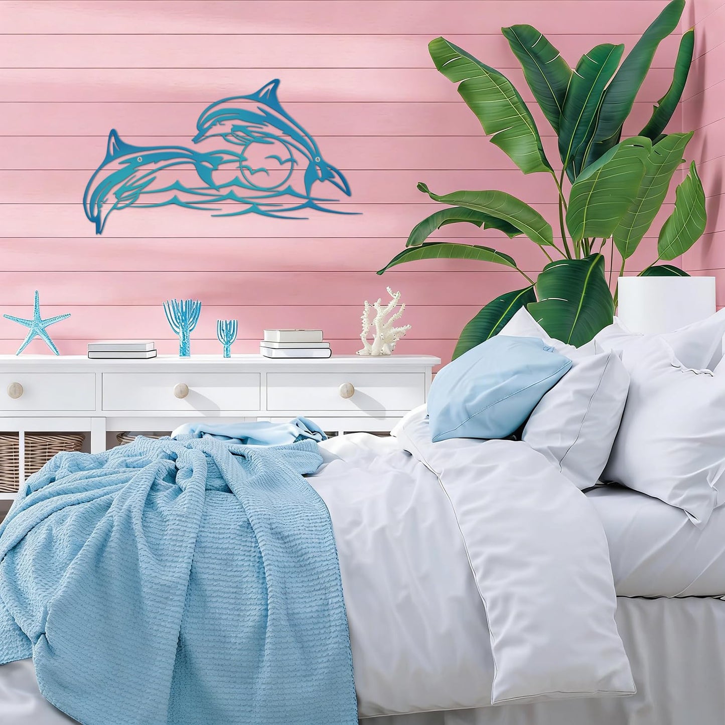 Resama Dolphin Metal Wall Decor – Nautical Wall Sculpture for Bathroom and Home – Durable Marine Animal Art, Ocean Fish Wall Hanging, Dolphin Wall Art, Coastal Decor & Unique Gift Idea (Blue)