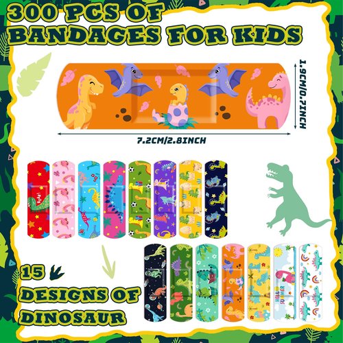 Estune 300 Pcs Kids Bandages Bulk Dinosaur 15 Styles Fun Valentines Classroom Gifts for Children Adhesive Colorful Flexible Cartoon Dinosaur Bandages Variety Pack for Kids Boys Girls Students School
