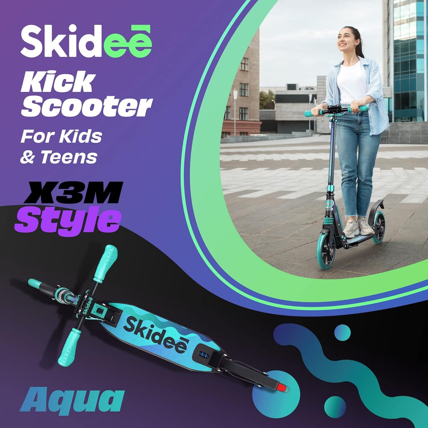 Skidee Adult & Teen Scooter - Adjustable Height, Lightweight & Durable Design | Large Wheels, Anti-Shock Suspension, 220 lbs Capacity