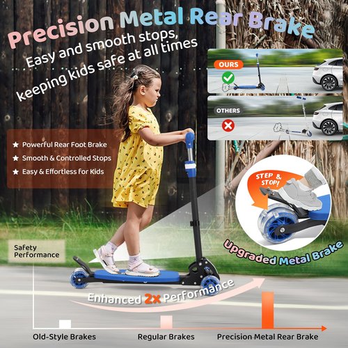 Kick Scooters for Kids 5-7 8-12,Lean to Steer,Three Wheeled Light Up,28"-32" Adjustable Handlebar,Widen Anti-Slip Deck,Floor Push Scooter for Boys Girls Ages 6-12 Old,Foldable for Travel - Blue