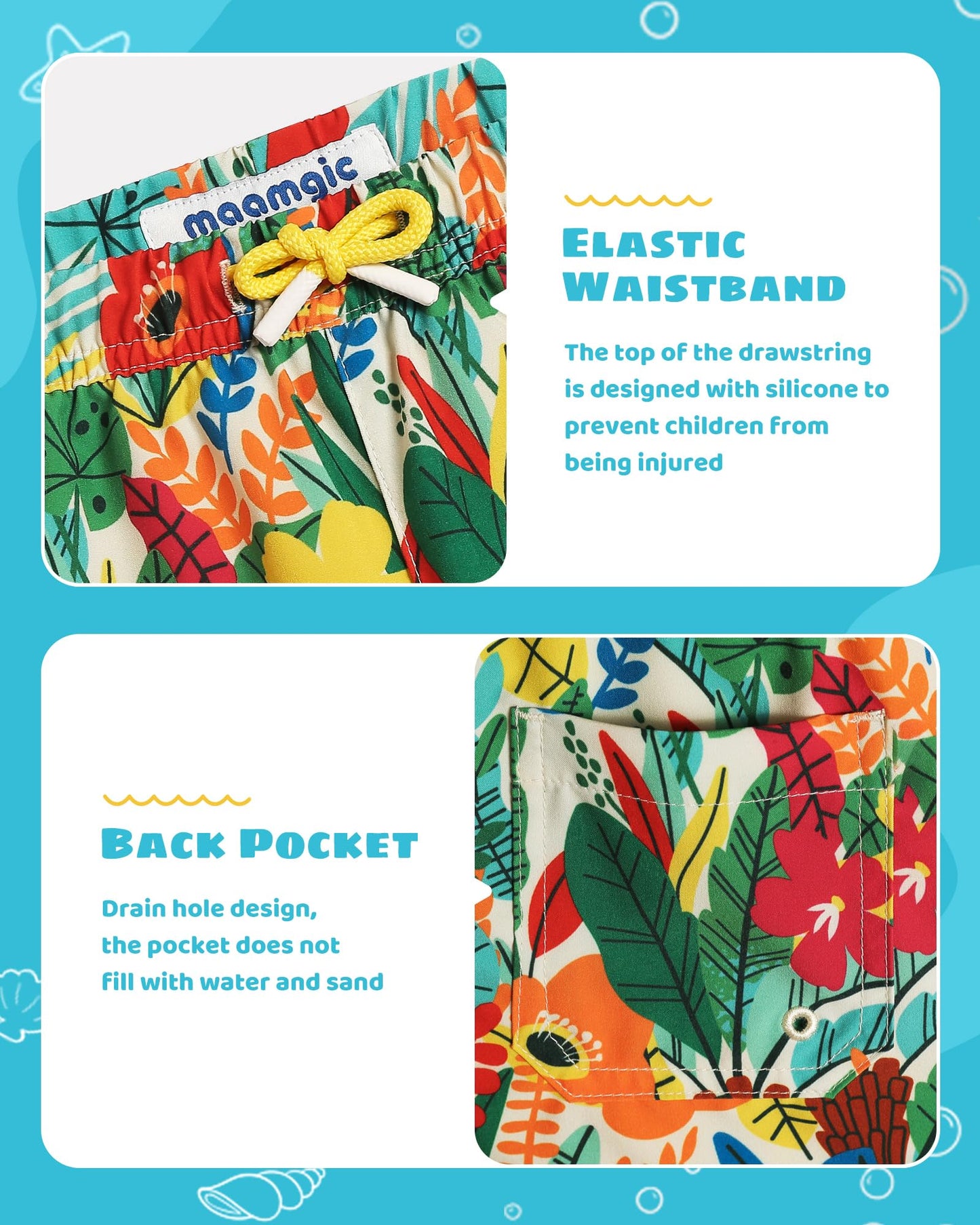 maamgic Boys Swim Trunks with Compression Liner Toddler Stretch Swim Shorts Quick Dry Swimming Trunks Boxer Brief 2 in 1 Beach Shorts Flower Garden 5/6