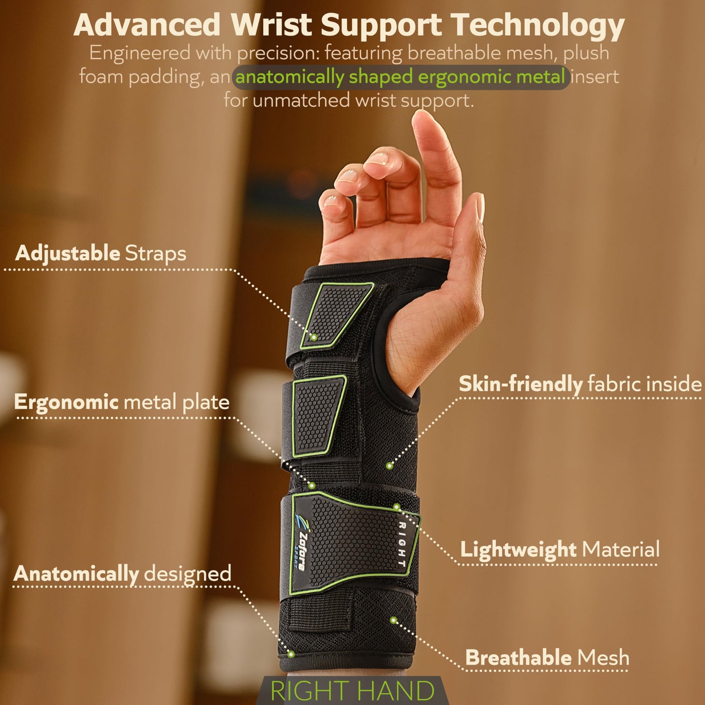 ZOFORE SPORT Premium Carpal Tunnel Wrist Brace Night Support – Wrist Brace for Carpal Tunnel with Metal Splint – Pain Relief for Men & Women - Right Hand - SM