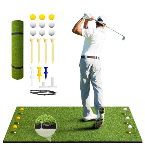 Golf Mat, 31MM 5x4ft Dense Elite Golf Hitting Mats Practice with 9 Balls, 9 Tees, PE Grass Heavy Duty Artificial Hitting Training Matt for Backyard Driving Chipping Indoor Outdoor Simulators