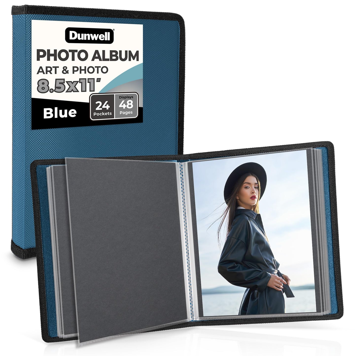 Dunwell Art Portfolio 8.5x11 Folder (Blue), Black Mounting Paper, Portfolio Binder for Artwork, 8.5 x 11 Art Folder, 24 Pockets Display 48 Pages, Acid-Free Poly Presentation Book