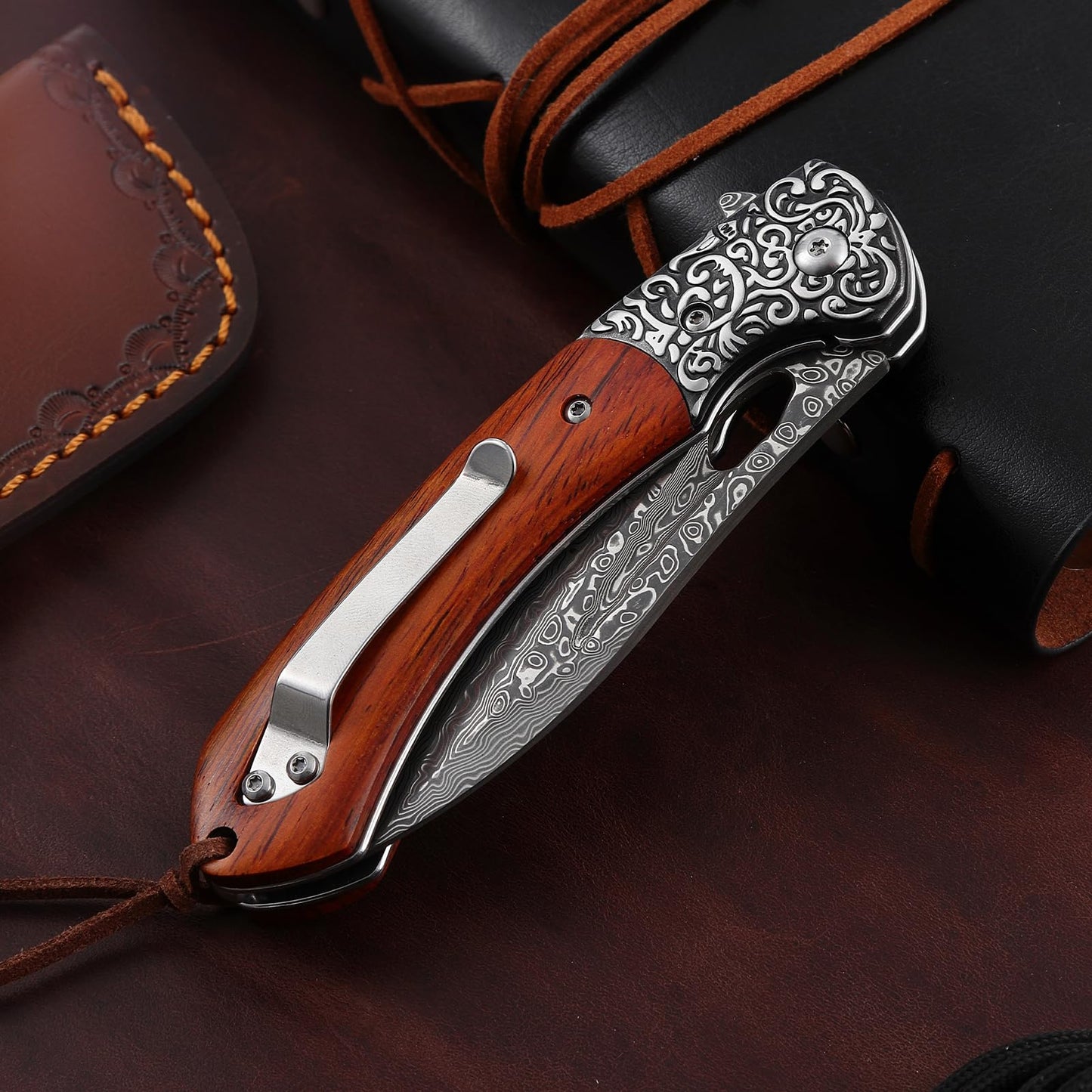 Damascuse Steel Pocket Knife with Leather Sheath - Fashionable Design Sandal Wood Handle 76 Layers VG10 Manual Damascus Folding Knife Sandel Wood Handle Collect Strong and Elegant Outdoor Pocket Knife
