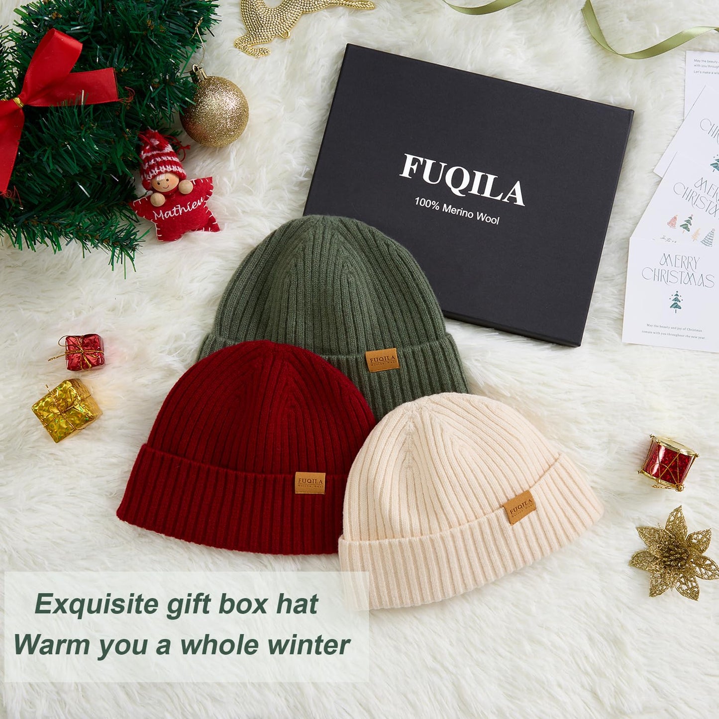 FUQILA 100% Merino Wool Fisherman Beanie Hat, Unisex Warm Winter Hats, Soft Breathable & Cozy Stretchy Knitted Short Cuffed Cap (Dark Grey)