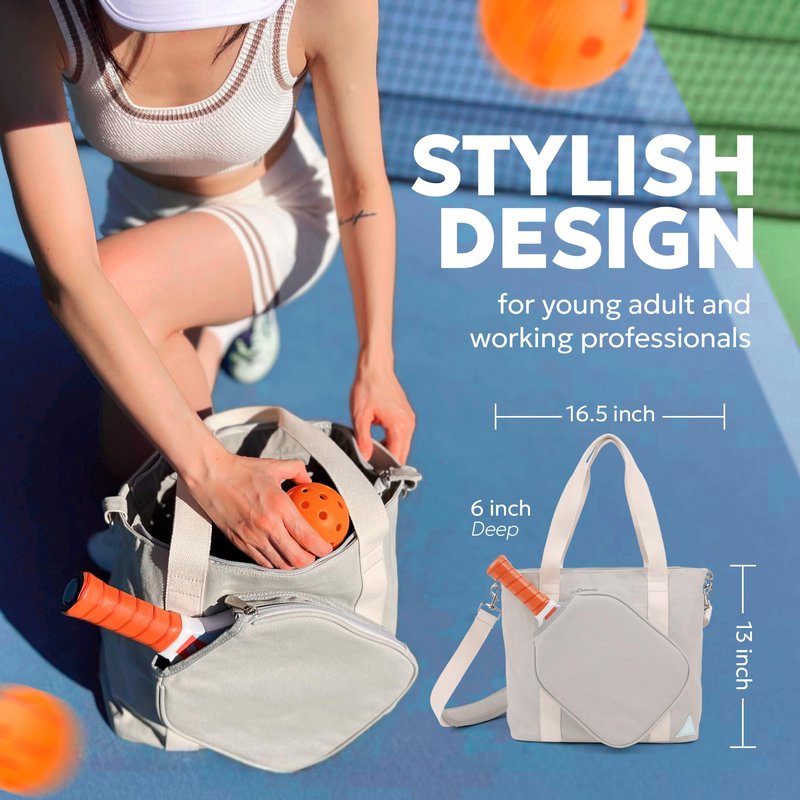 VERLY Pickleball Bag - Large Gray Canvas Tote Bag for Women and Men, Fits 2 Pickle Ball Paddles & Shoe Storage, Adjustable Strap, Fence Hook, Pickleball Gifts & Accessories