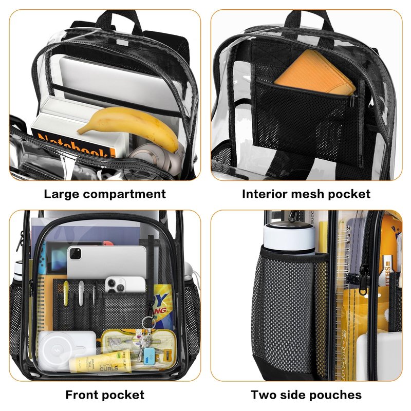 PAMANO Clear Backpack Transparent Heavy Duty Bookbag See Through Bag for College Work Travel Security, Black XL