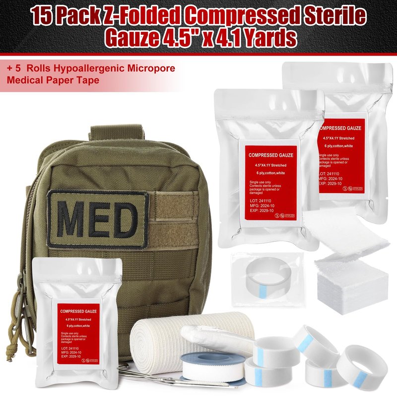 Threlaco 10 Pcs Z-Folded Compressed Sterile Gauze 4.5" x 4.1 Yards Combat Gauze Trauma Pad 6-ply 100% Cotton for Emergency Wound Dressing, First Aid Ifak Supplies Trauma Kit