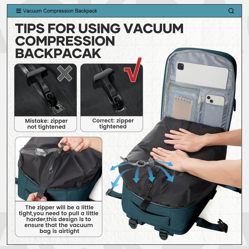 UPPACK Vacuum Travel Backpack for Women Men Large Carry on Backpack Flight Approved Personal item Travel Bag Essentials With Vacuum System,Wet and Dry Separation Bag Peacock Blue NO Pump