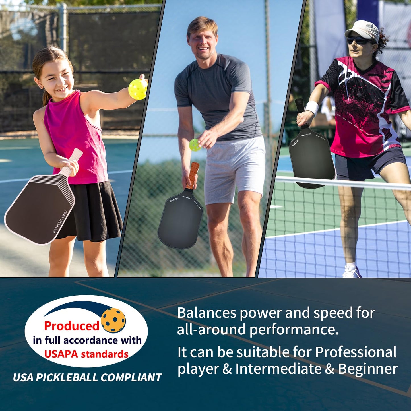 ROYCELONG Pickleball Paddles T700 Carbon Fiber Pickleball Rackets Lightweight Training Racquet Set for Beginners to Advanced Players USAPA Compliant Quiet 16mm Core Portable Bag (All Black, 1 Pack)