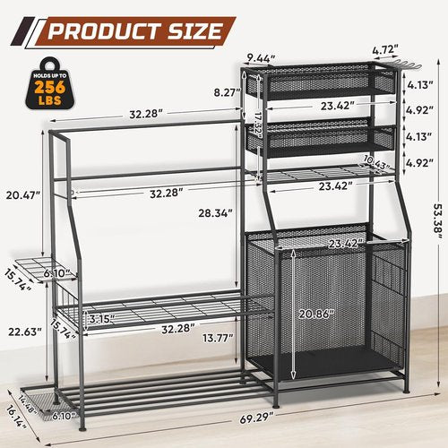 Garage Sports Equipment Organizer - Heavy-Duty Golf Bag Storage Stand with Basket & Hooks | Space-Saving Design for Indoor/Outdoor Use
