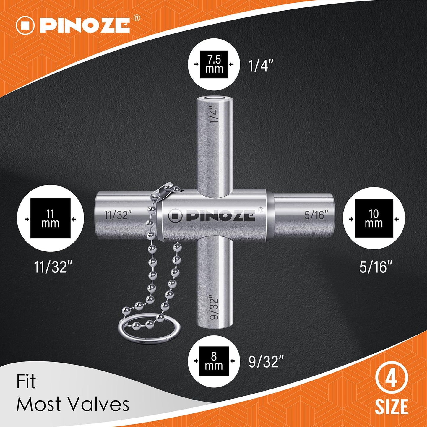 Pinoze 4 Way Sillcock Water Key, 1/4", 9/32", 5/16", 11/32", 2-Pack Steel Multi-Function Utility Key with Keychain for Sillcocks Faucets Valves Spigots, Silver & Black