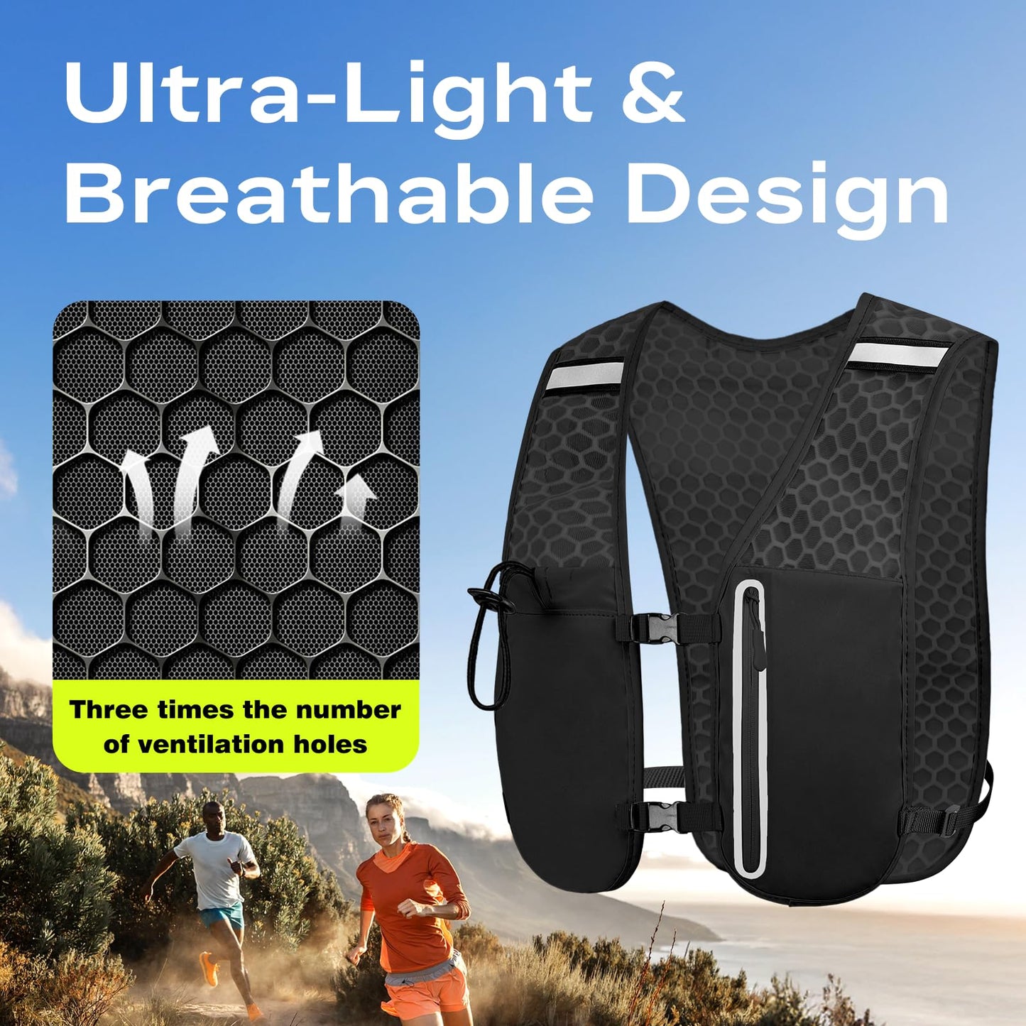 Running Vest for Women Men, Hydration Vest with 1.5L Water Bladder, 4.4 oz Ultra-Light Breathable Design, Adjustable No-Bounce Straps, Reflective Pockets for Trail Running, Marathon, Hiking, Cycling