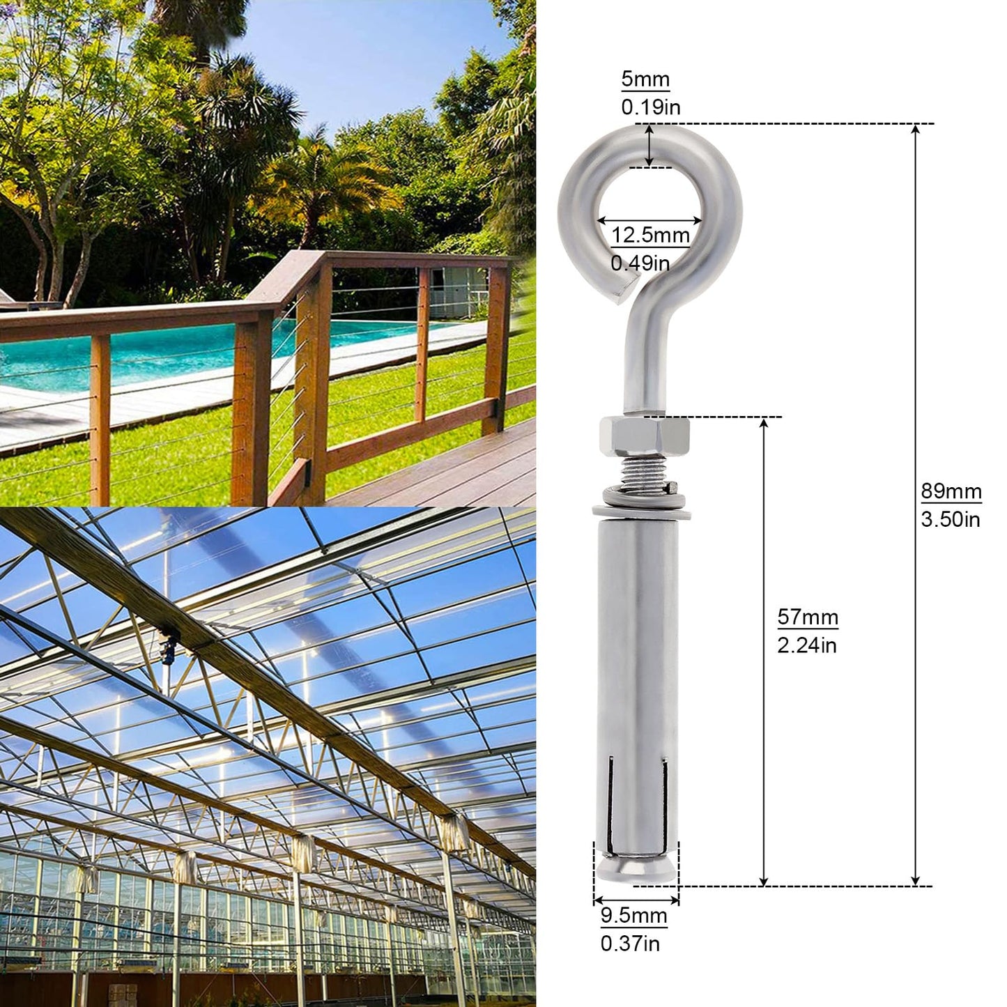 Concrete Eye Bolts 12Pcs, M6 Eyebolt Bolts Stainless Steel Concrete Anchor Eyebolt Screw Hooks, Heavy Duty Brick Anchors Eyebolts Expansion Screw Lifting Ring Bolt Fastener 1/4inch for Concrate Wall