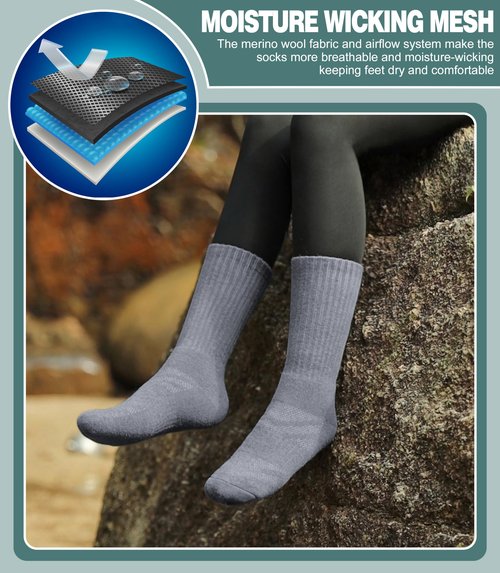LANLEO Merino Wool Hiking Socks for Women Men Thermal Winter Warm Thick Cushion Moisture Wicking Crew Work Boot Socks 5 Pairs Solid Color C,Large