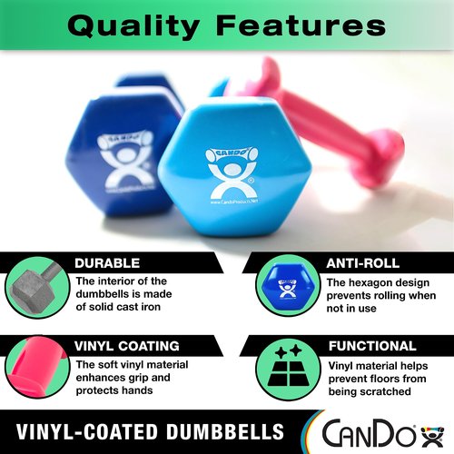 CanDo Vinyl Coated Dumbbells Pair Green 3 lb 2pc Handheld Weights for Muscle Training and Workouts, Color Coded Anti-Roll Home Gym Equipment, Beginner and Pro