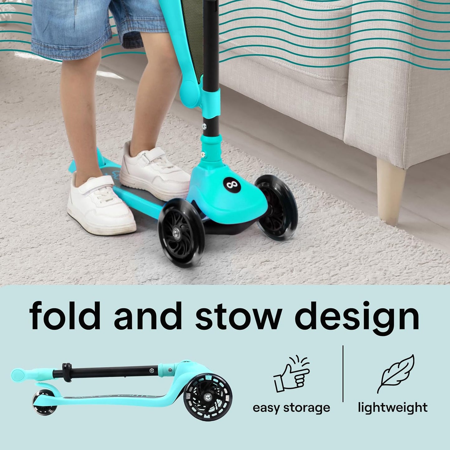 SereneLife 3-Wheel Kids Scooter - Foldable Design, LED Wheel Lights, Adjustable Handlebar | For Toddlers & Kids 3+, Up to 110 lbs