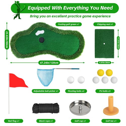 Floating Golf Green for Pool, Floating Chipping Green Mat for Pool, Lake, with Ball Picker, Drift Floating Golf Putting Turf Game Set for Golfersplay and Improve Skills in Outdoor and Pool Games
