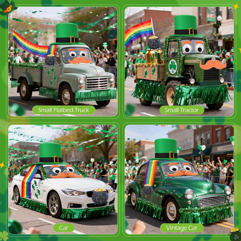 Tryly St. Patrick’s Day Golf Cart Decoration Kit, Giant Leprechaun Hat with Big Eyes & Beard, Rainbow Banner, Pot of Gold, Green Tinsel Curtain & Footprint Stickers for Irish Parade & Party Supplies