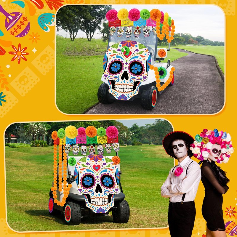 Suncalla 25 Pcs Day of the Dead Golf Cart Decorations Dia De Los Muertos Car Decoration Marigold Garland Mexican Party Banners Pom Poms Hanging Paper Fans for Halloween Golf Cart Party Decor