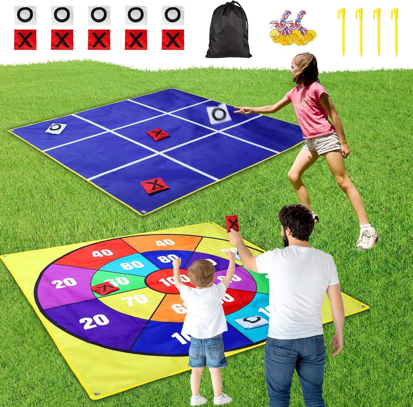 Skiennix 2-in-1 Giant Tic Tac Toe & Bean Bag Toss Game - Double-Sided 4.5Ft for Outdoor Fun