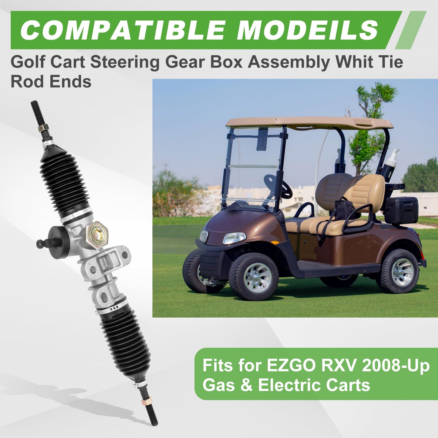 10L0L Golf Cart Steering Gear Box Assembly Replaces Part OEM# 601500 618329 for EZGO RXV 2008-Up Gas and Electric Carts Whit 2 Pcs Tie Rod Ends, Steering Rack Gear Box Assembly
