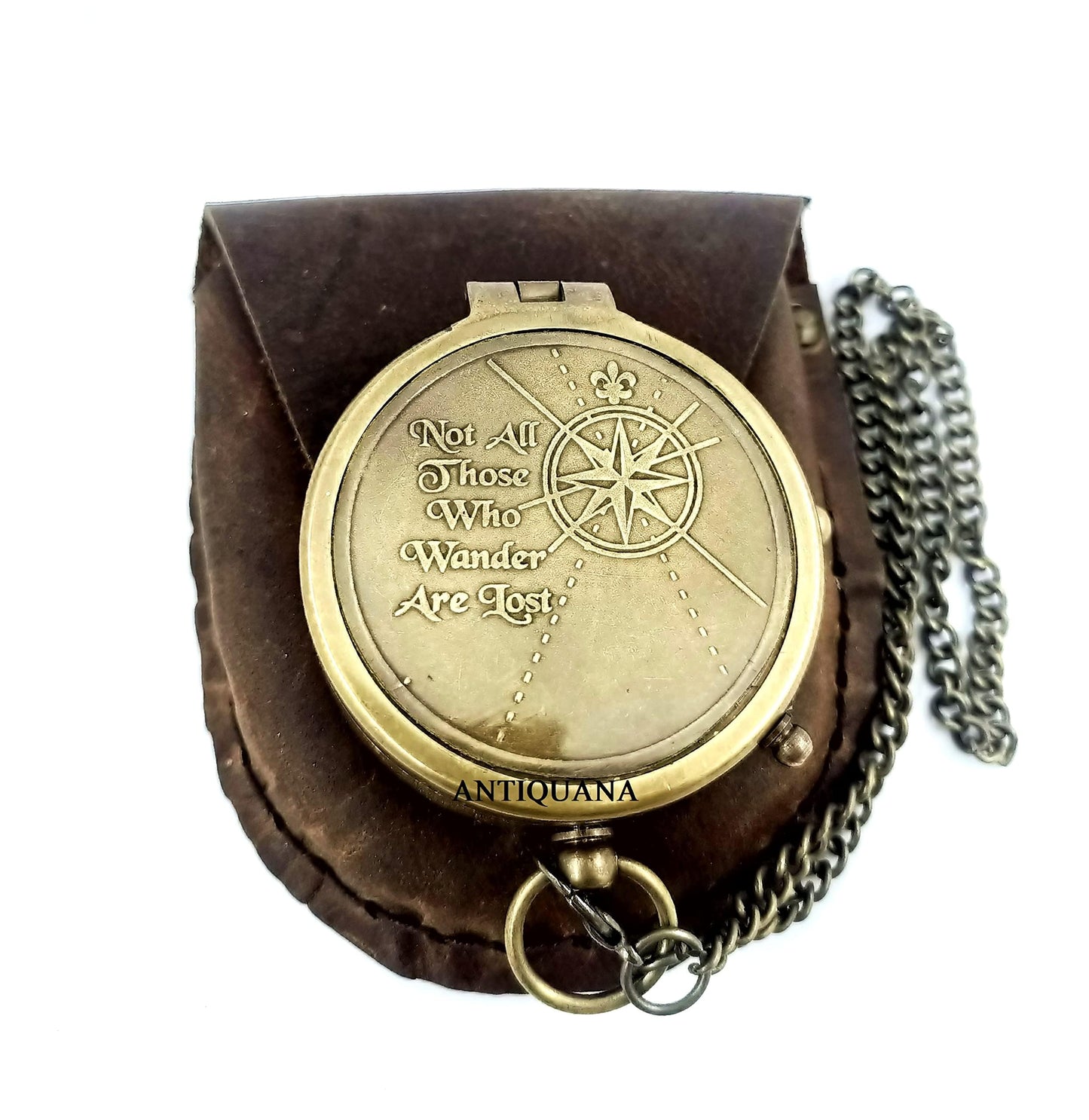 ANTIQUANA Brass Compass Unique Print 'Not All Those Who Wander are Lost' Engraved Compass with Leather Case and Chain A Great Gift Item for Your Loved Ones, Brown