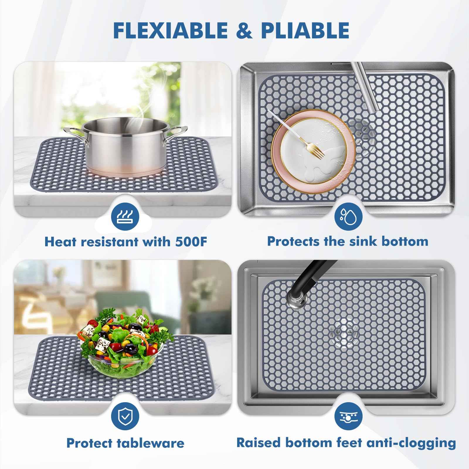 Bestjing Silicone Sink Protector for Kitchen Sink - 18.3''x12.5'' Kitchen Sink Grid Accessory, Non-slip Heat Resistant Sink Grid Dry Mat for Bottom of Porcelain Stainless Steel, Dishwasher Safe