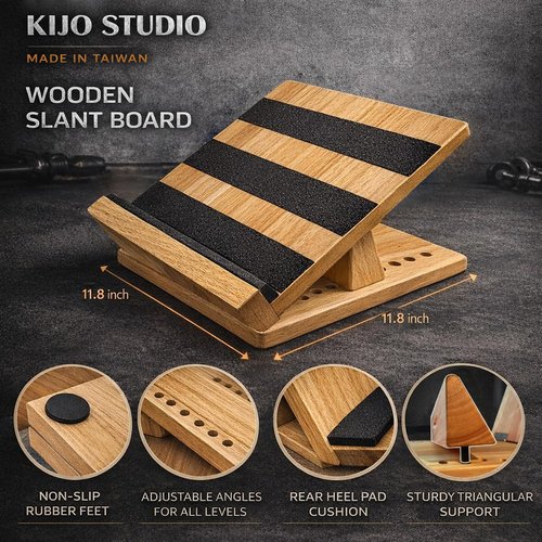 16-Level Adjustable Wooden Slant Board for Squats – 550 lbs Heavy Duty Squat Wedge for Weightlifting & Ankle Mobility – Incline Board for Calf Raises & Leg Day Training【Made in Taiwan KIJO Studio】