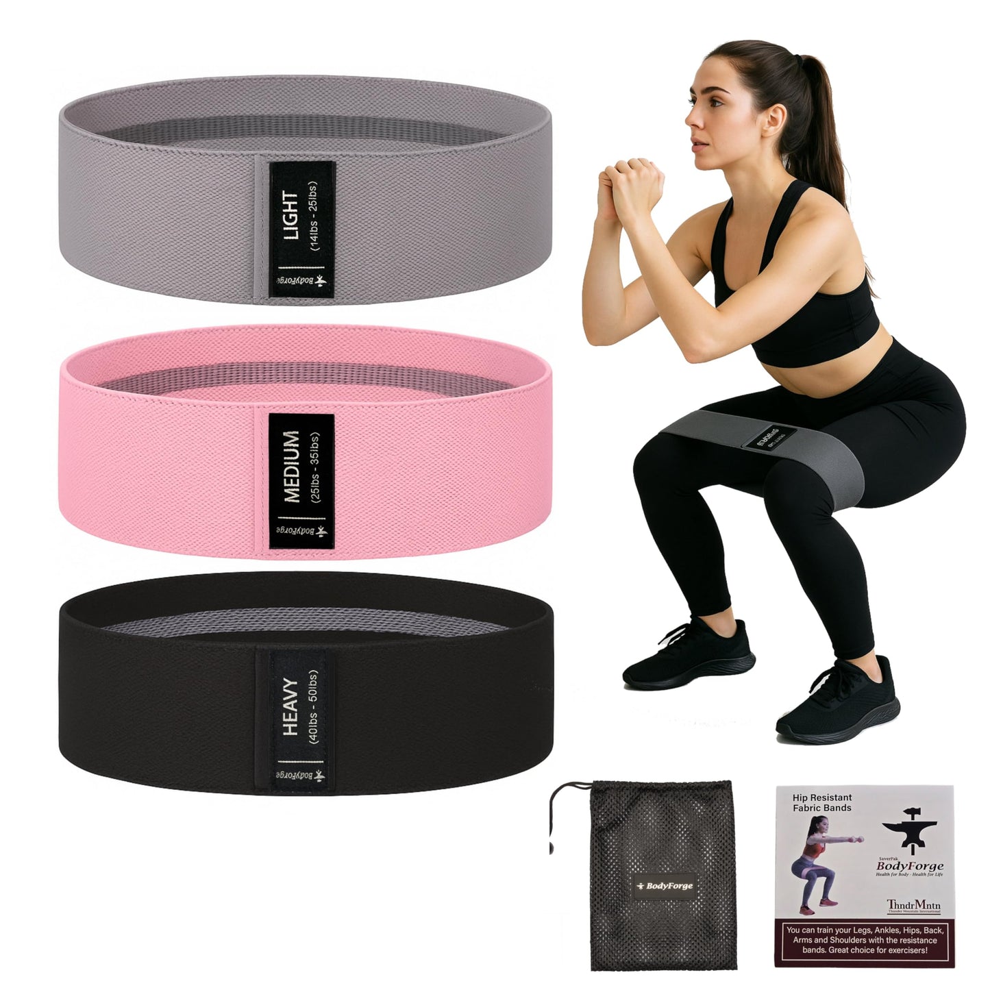BodyForge Resistance Bands for Working Out, 3 Booty Bands for Women Men Fabric Elastic Bands for Exercise Bands Resistance Bands for Legs Bands for Working Out Hip Thigh Glute Bands Set & Carry Bag