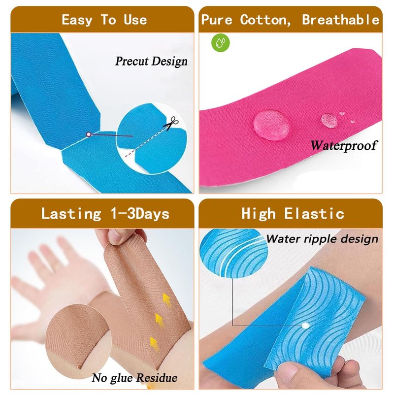 Kinesiology Tape Precut Pro-4Pack | Waterproof Elastic Athletic Tape, 66 ft 80 Strips, Medical Grade Cotton Adhesive Sports Tape for Muscle Pain Relief & Joint Support, Breathable K Tape-4Color