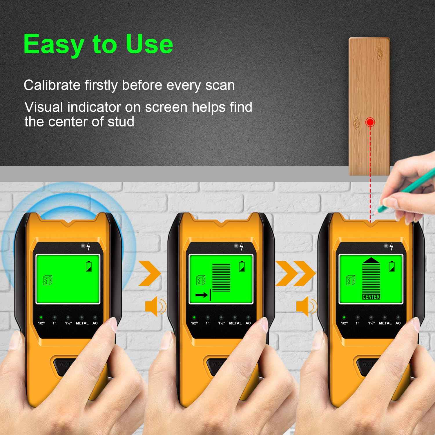 Stud Finder Wall Scanner, 5 in 1 Multifunction Stud Locator with Upgraded Smart Sensor, HD LCD Display and Audio Alarm for The Center & Edge of Metal, Studs, AC Wire, and Pipe Detection (Canary)