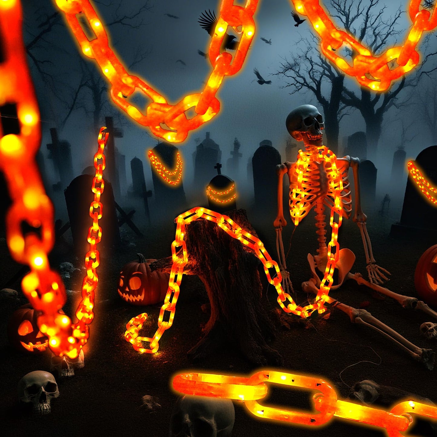 Large & Thicker Halloween Decorations Solar Charging String Lights - 10 Ft 160 LED Plastic Chain String Lights with Waterproof, 8 Lighting Modes and Automatically Lights up at Night ， Off in Daytime