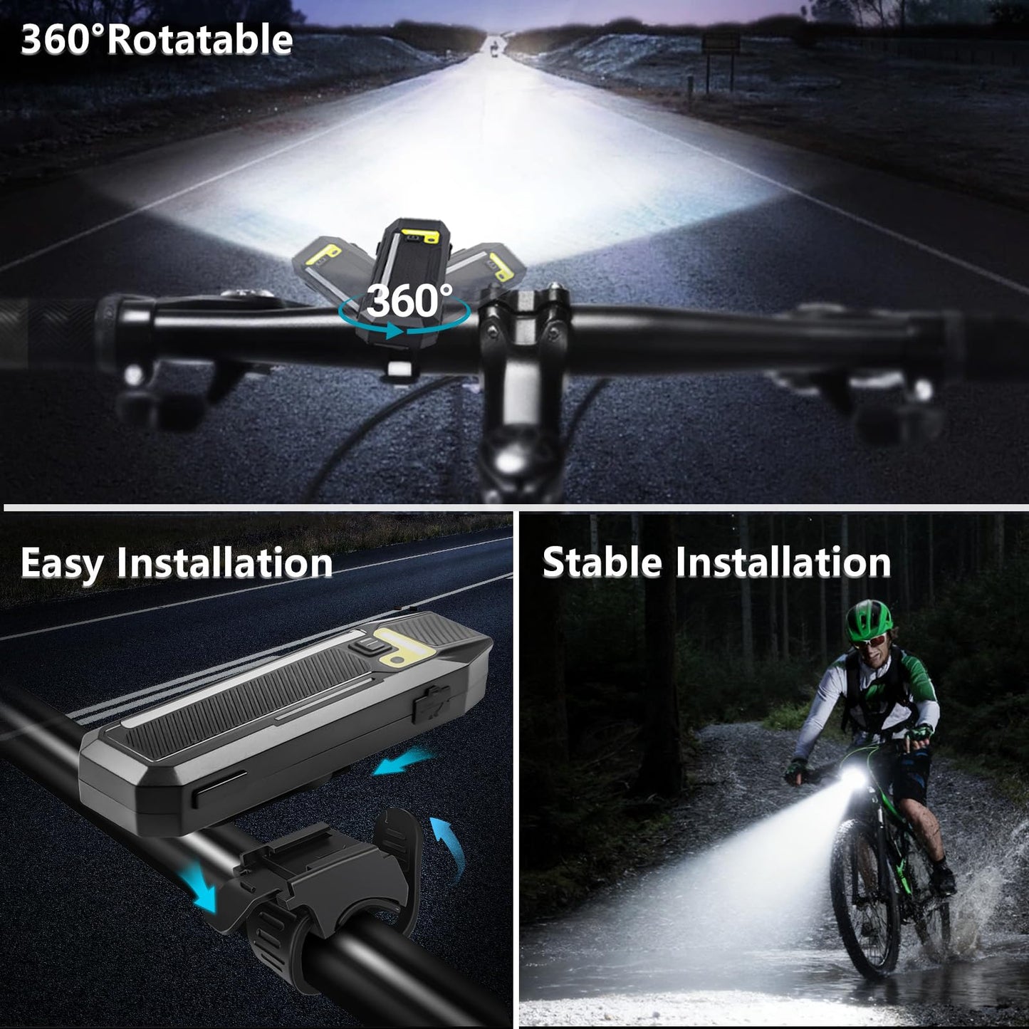 HAARAY Bright LED Bike Headlight with RGB Side Lights & Light Sensor, 5+10 Modes 2400mAh USB-C Rechargeable Bicycle Lights Waterproof, 360°Rotatable Strap Mount Bike Front Lights for Night Riding