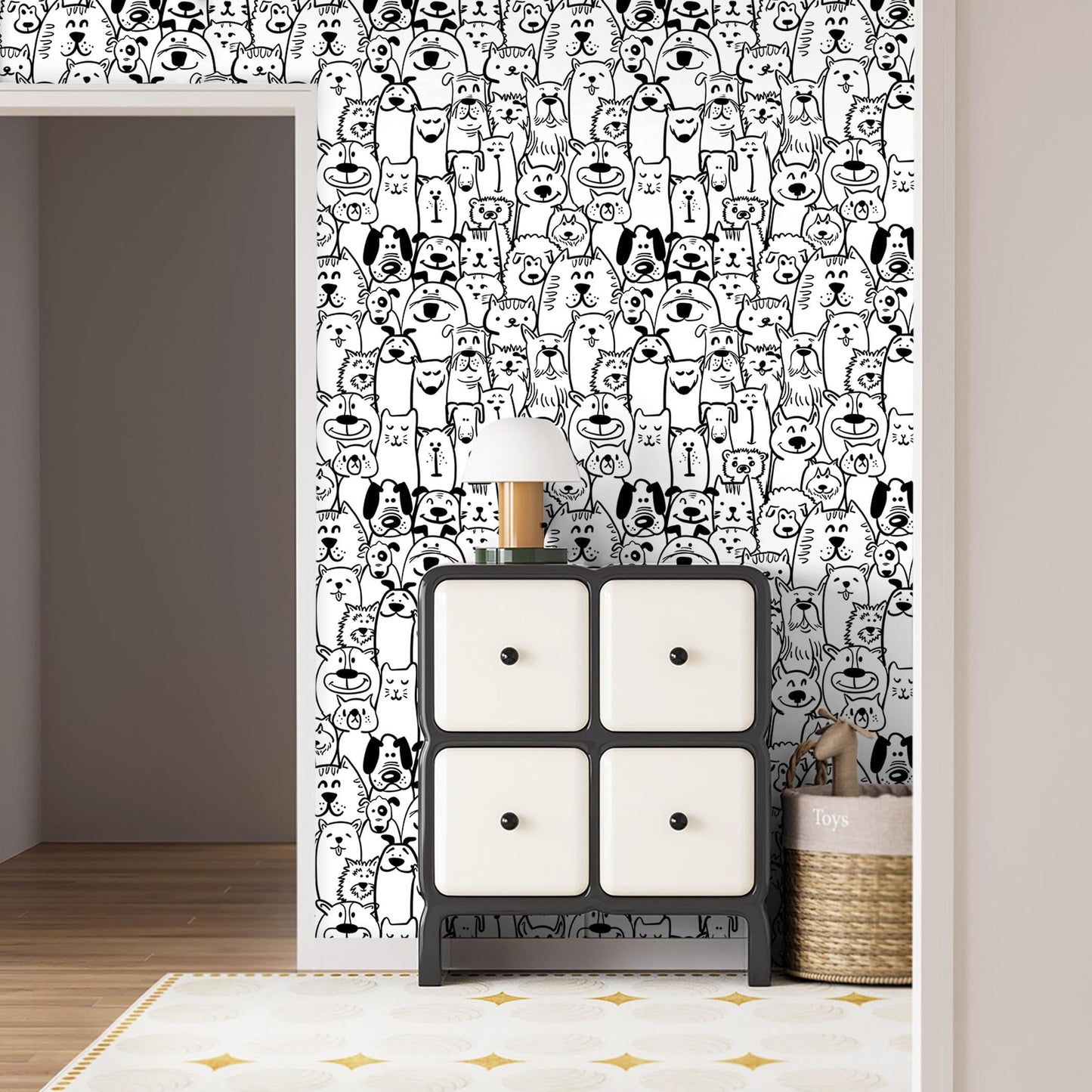 Fiula Peel and Stick Wallpaper Contact Paper Black and White Wallpaper Modern Dog Animal Wall Paper Textured Self Adhesive Removable Wallpaper for Nursery Kids Room Shelf Liner Vinyl Roll 78.7"x17.3"