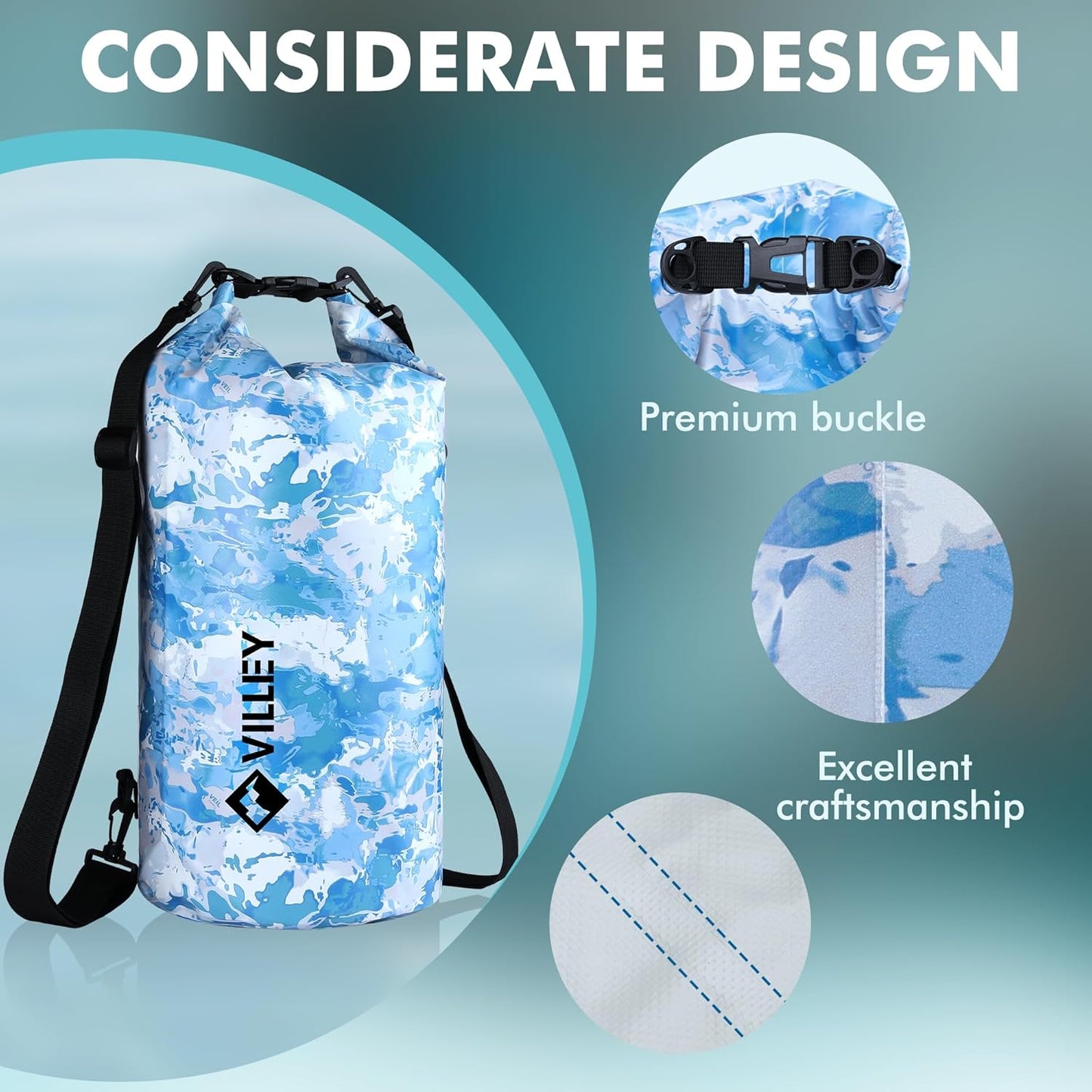 VILLEY Waterproof Dry Bag - 10L Roll Top Backpack for Kayaking, Camping & Beach - Blue Camo