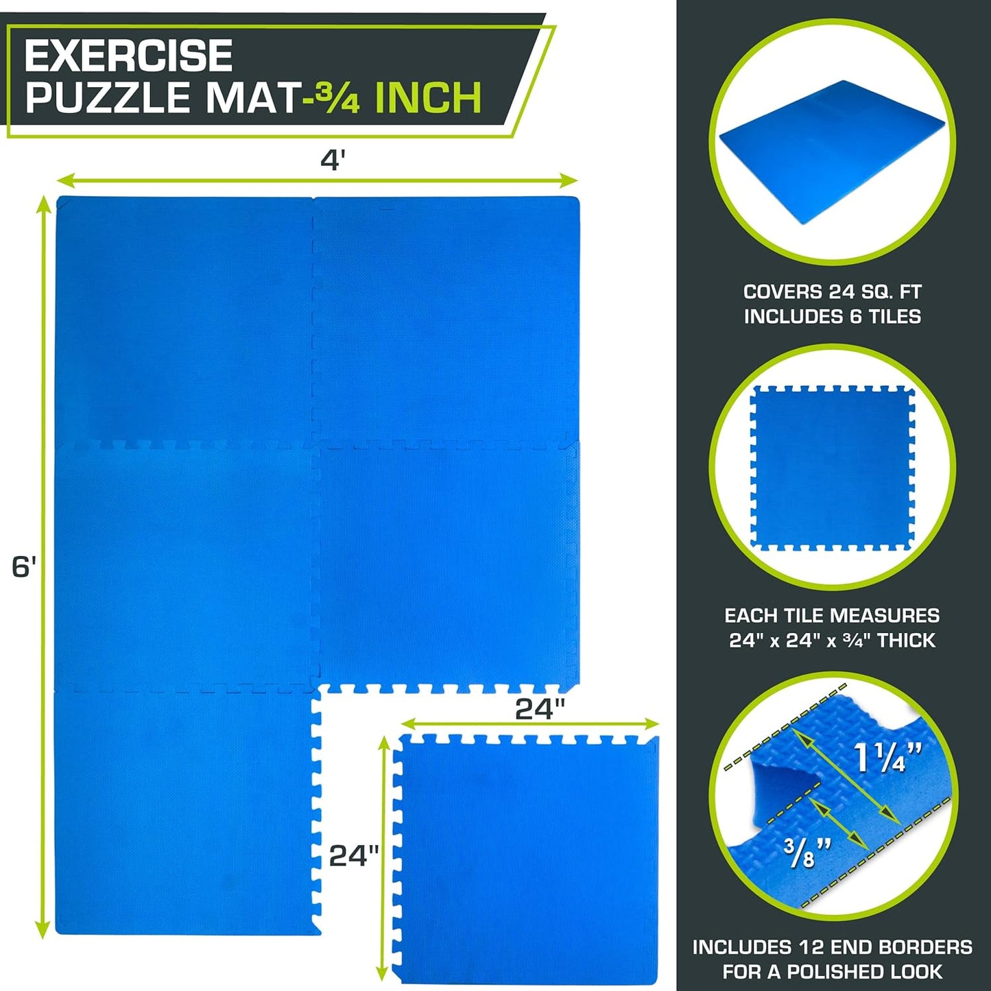 ProsourceFit Extra Thick Exercise Puzzle Mat - ¾-Inch EVA Foam Interlocking Tiles | Cushioned Flooring, Blue, 24 SQ FT (6 Tiles)