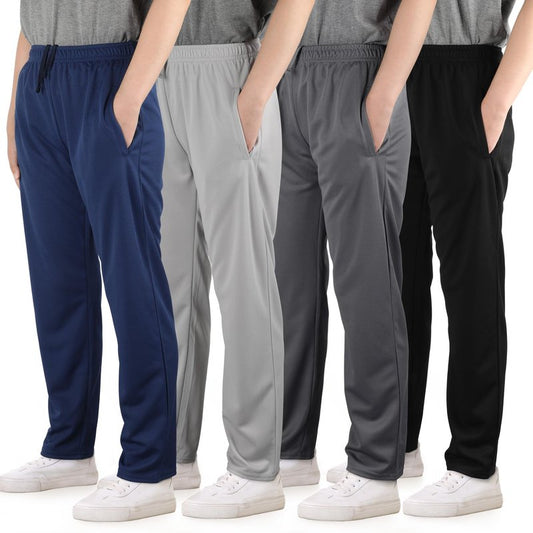 4 Pack Boys Mesh Athletic Pants, Lightweight Pants with Pockets and Drawstring, Thin Open Bottom Active Pants for Boys Black, Navy, Gray, Ash Gray Set A L