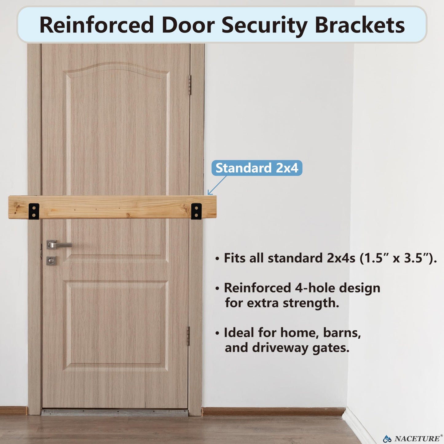 2 Pack White Door Barricade Brackets – Heavy Duty 2x4 U Bracket Door Brace Reinforcement Plates with Screws, Wall Mount Security Bar Holder for Front Door Safety, Anti-Rust Steel, Easy Install