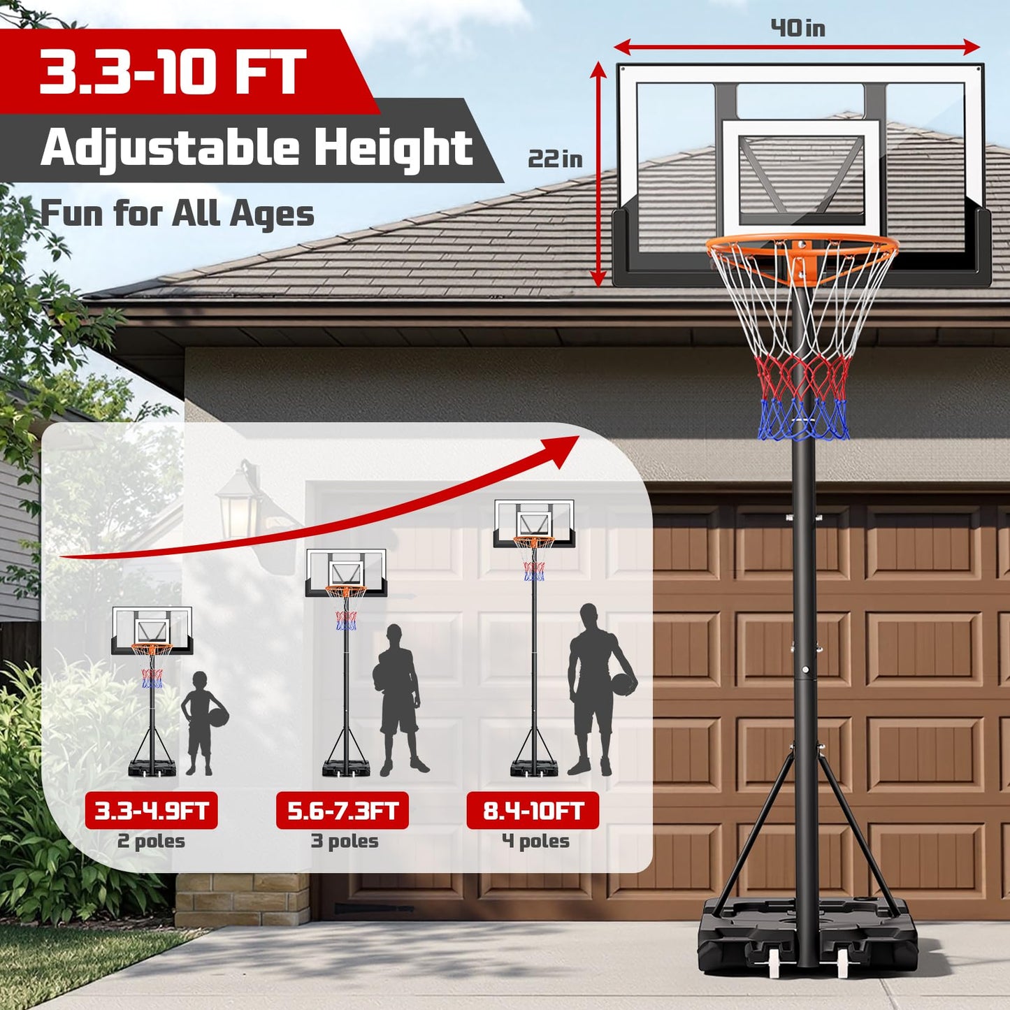 Yohood Basketball Hoop Outdoor 10FT with Shatterproof 40 Inch Backboard, Portable Basketball Hoop Goal System for Kids/Youth/Adults in Backyard/Driveway/Indoor