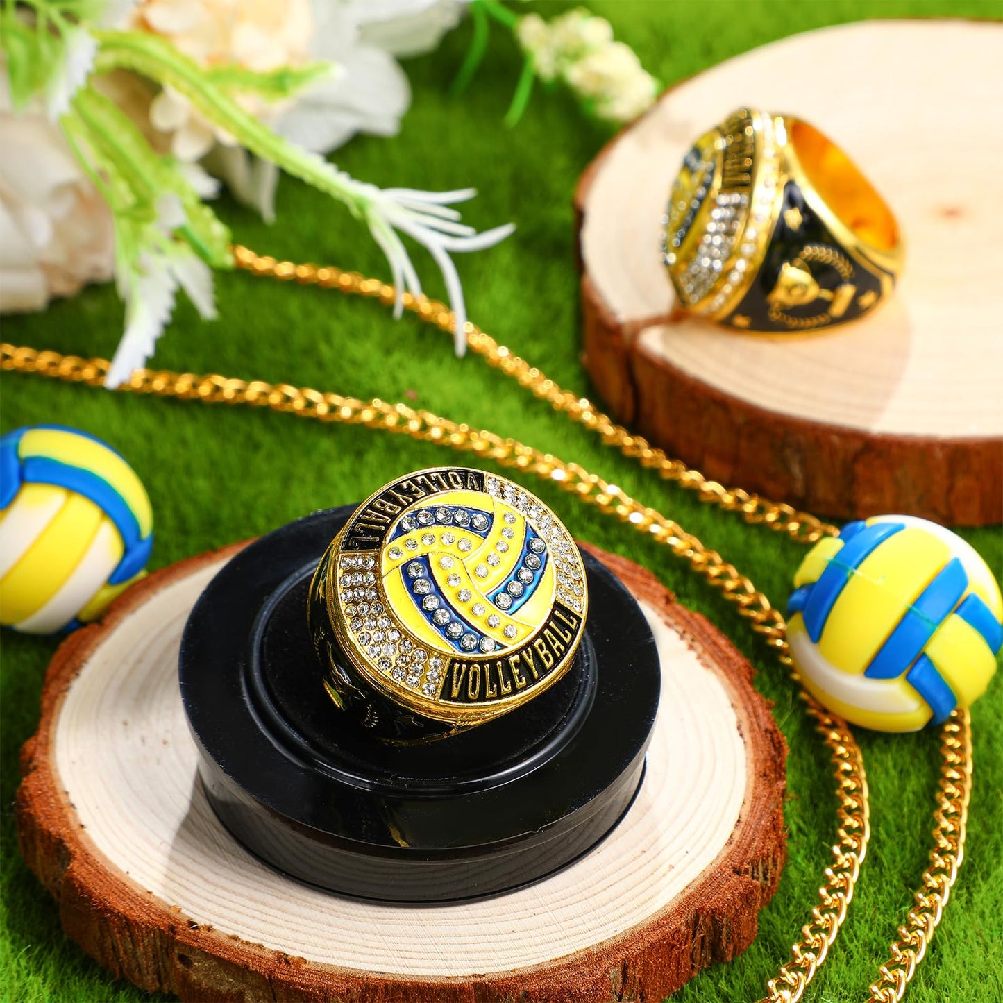 Highergo 10 Pcs Basketball Softball Baseball MVP Dancer Champion Trophy Ring with Display Stand Star Football Soccer Volleyball Golf Cheerleading Bowling Track Field(Gold,Volleyball)