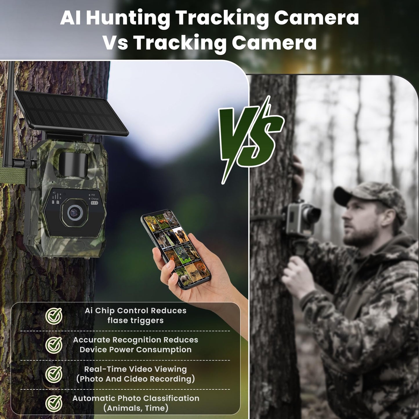 GKP9 Ai Trail Camera Cellular — Game Camera with Built-in Solar Panel, 32GBSd and SIM Card, 100mp Photos, 4k Videos 2 Way- Talk with Night Vision Motion Activated Waterproof