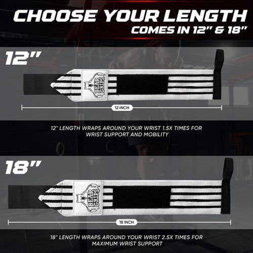 Bear Grips Wrist Wraps for Weightlifting | Weight Lifting Wrist Straps for Weightlifting | Extra Strength Gym Wrist Wraps | Two Wrist Wrap Per Pack | 12” & 18” | Lifting for Men & Women
