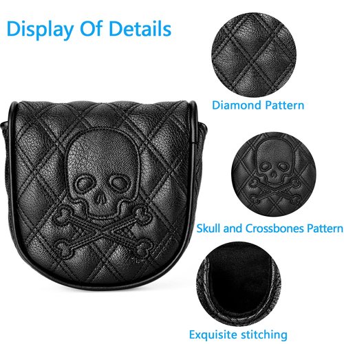 Kimpengofu Skull and Crossbones Golf Club Skeleton Mallet Putter Cover Fits for DF3 Putters Center Shaft Magnetic Closure Synthetic PU Leather Headcover (Black)
