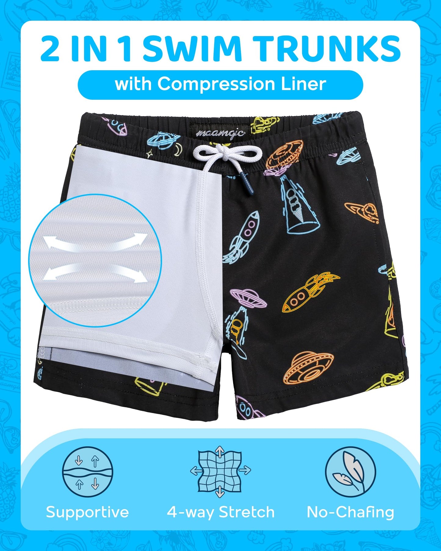 maamgic Boys Swim Trunks with Compression Liner 4-Way Stretch Quick Dry Swim Shorts Swimming Trunks Toddler Boy Alien Black 10-12 Years