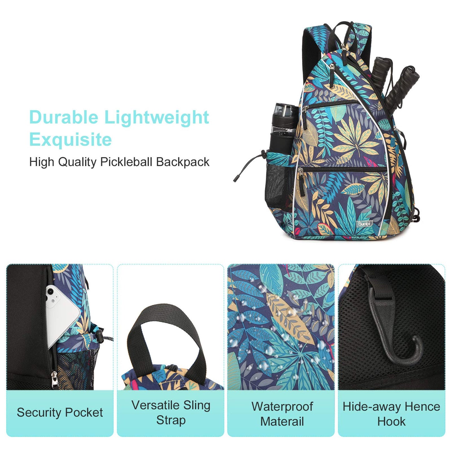 Sucipi Pickleball Bag - Men's -Women's Pickleball Backpack, Adjustable Sling Bag w/Fence Hook/Large Capacity/Safety Pocket-Purple Leaf