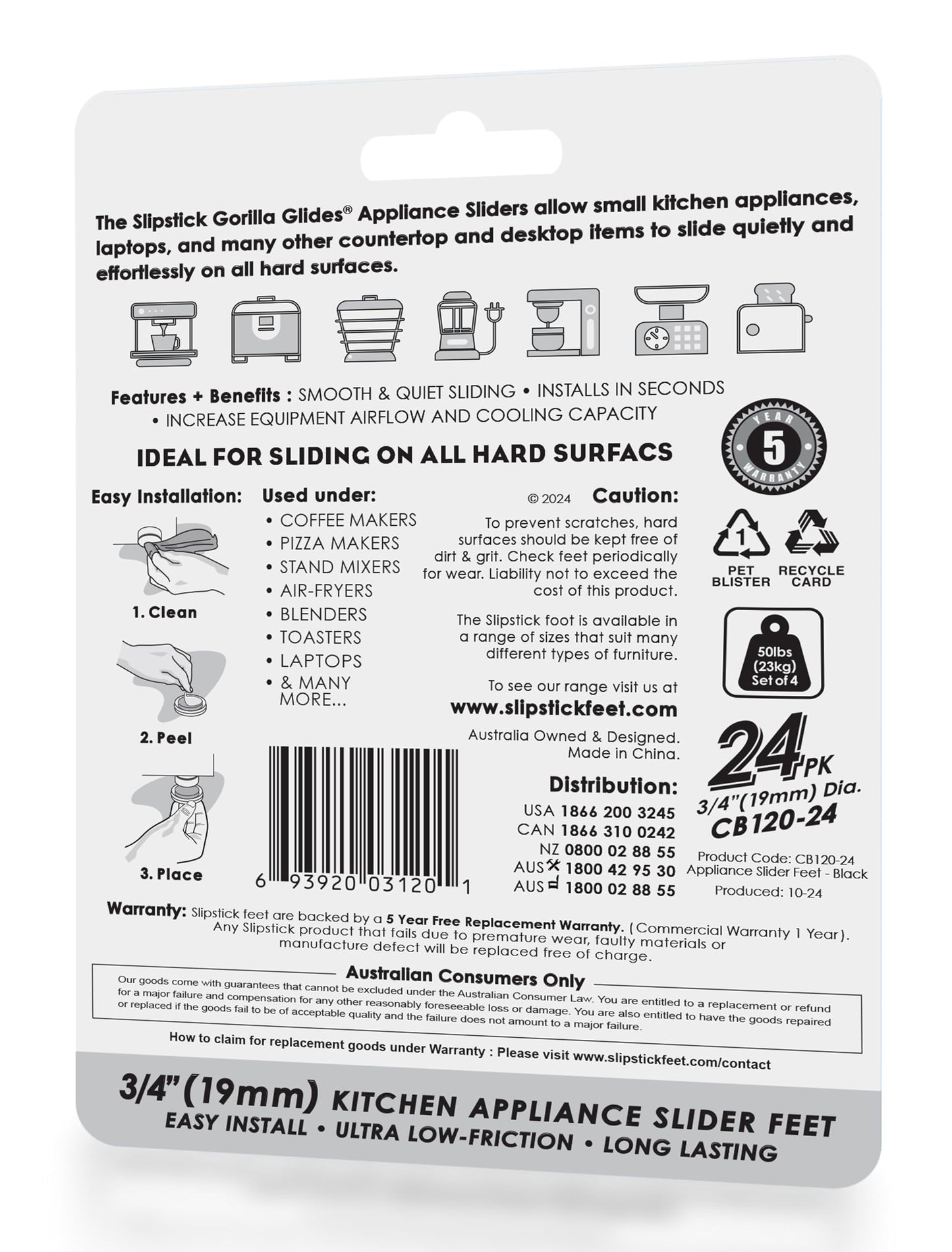 Slipstick GorillaGlides Kitchen Appliance Sliders (24 x 3/4” Round Glides) Self Adhesive Countertop Appliance Sliders Provide Easy Sliding and Saves Space on Counters