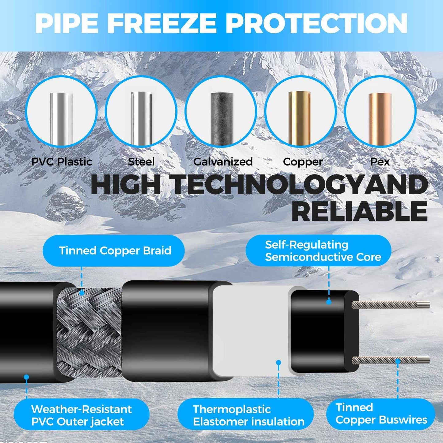 3FT~160FT Water Pipe Heat Cable for Pipe Freeze Protection, Pipe Heating Cable for Metal And Plastic Home Pipes, Energy-Saving Heat Trace Cable Keeps Water Flowing, 120V 5W/ft（50FT）